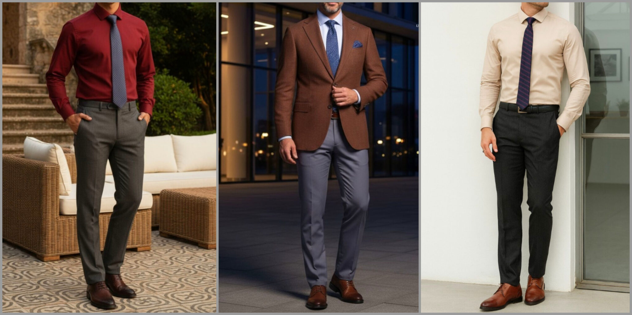 أحدث أطقم ثياب رجالية رسمية منسقة مكونة من قمصان وبنطلونات وأحذية للعمل مع نصائح لاختيار ملابس رجالية أنيقة ومريحة لساعات الدوام الطويلة لإطلالة واثقة وأنيقة