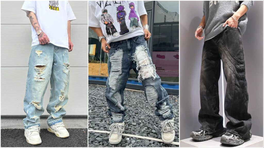 للبيع 23 بنطلون جينز رجالي واسعة اوفر سايز احلى بنطلونات جينز رجالي مقاسات كبيرة للشباب مقطعة وسادة بالوان الأزرق والأسود والرمادي مع شحن مباشر لكافة الدول